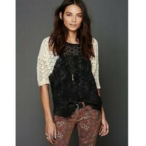 We The Free People Lace Top Raglan Style Crochet Top Distressed Tie Dye XS